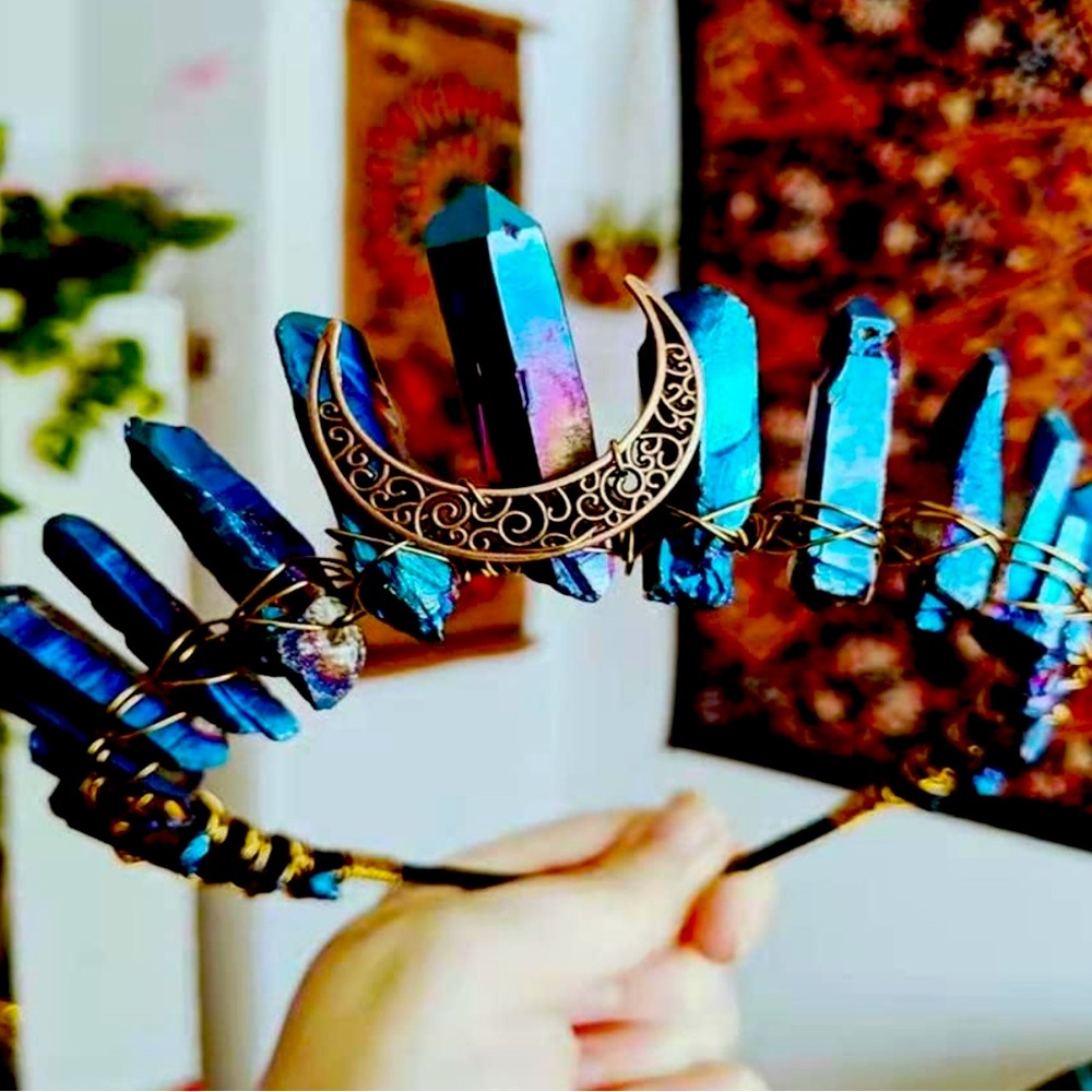 Blue Multicolored Crystal Tiara Headband with Metal Moonstone Centerpiece